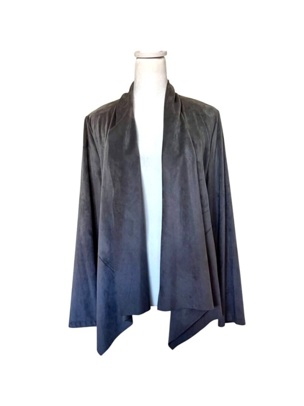 Gray Faux Suede Coatigan Open Front Stretch Jacket Santa Fe Ranch Luxe Boho L - Picture 2 of 9